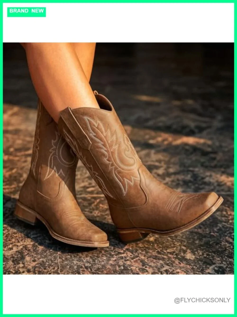 Women's Square Toe Mid-Calf Cowboy Boots with Embroidery, Low Chunky Heel, Pull